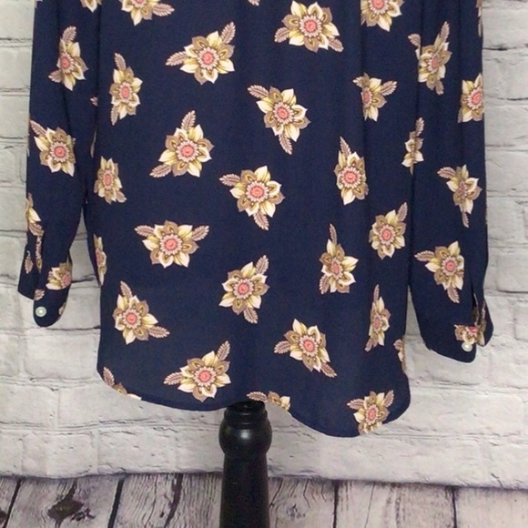 LOFT Navy Faraway Floral Split Neck Tunic Long Sleeve Roll Tab Pullover Small - Picture 11 of 16